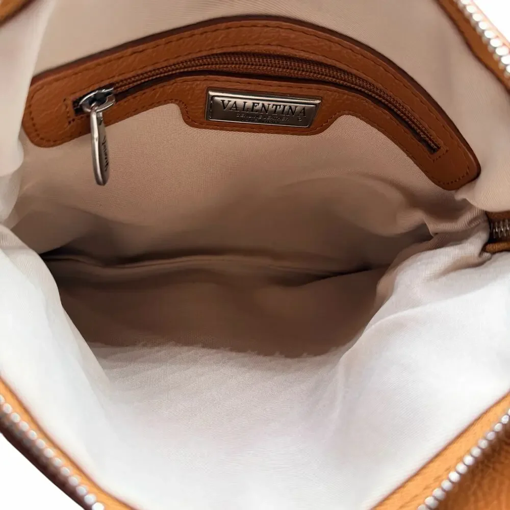 Valentina Italy Pebbled Leather Crossbody Bag Cognac Tan Zip Purse